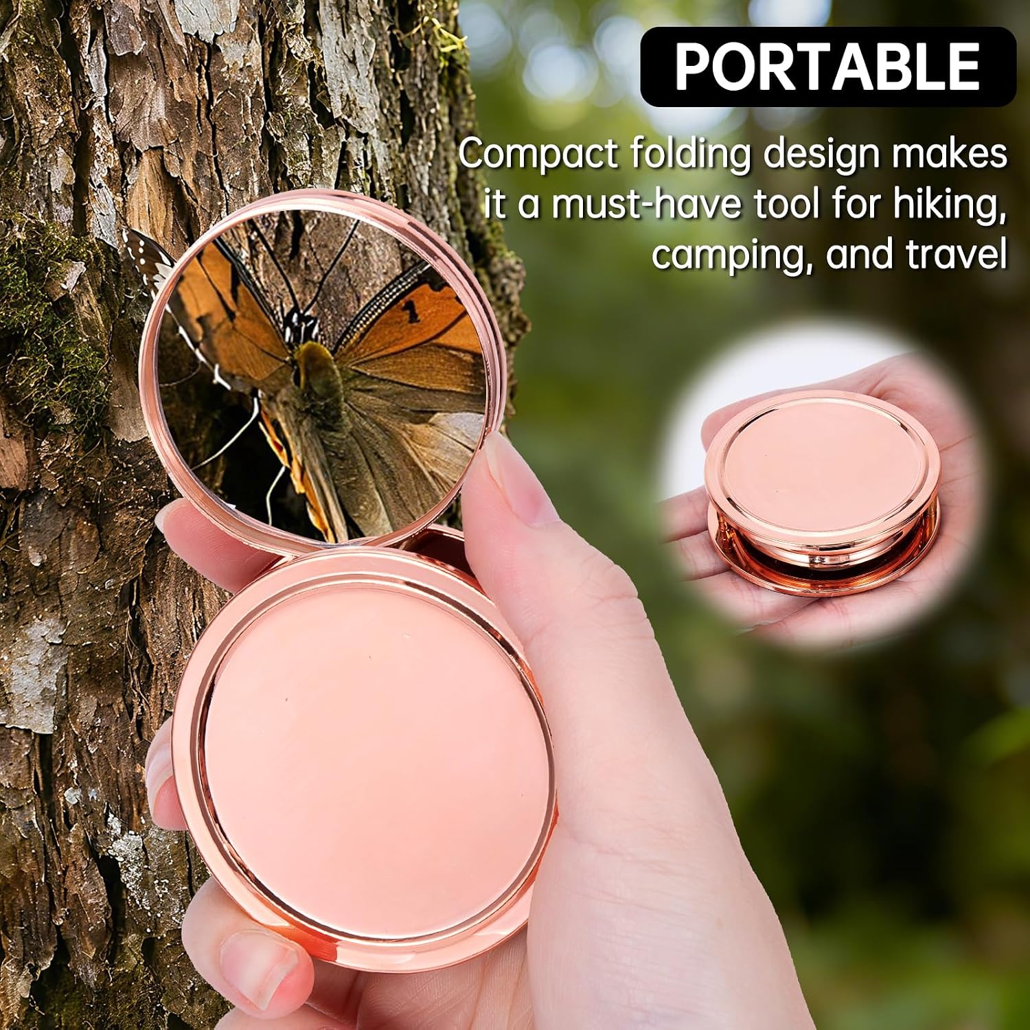 Portable Magnifier Foldable Round 9X Metal Magnifier with Metal Protective Case (Rose Gold)