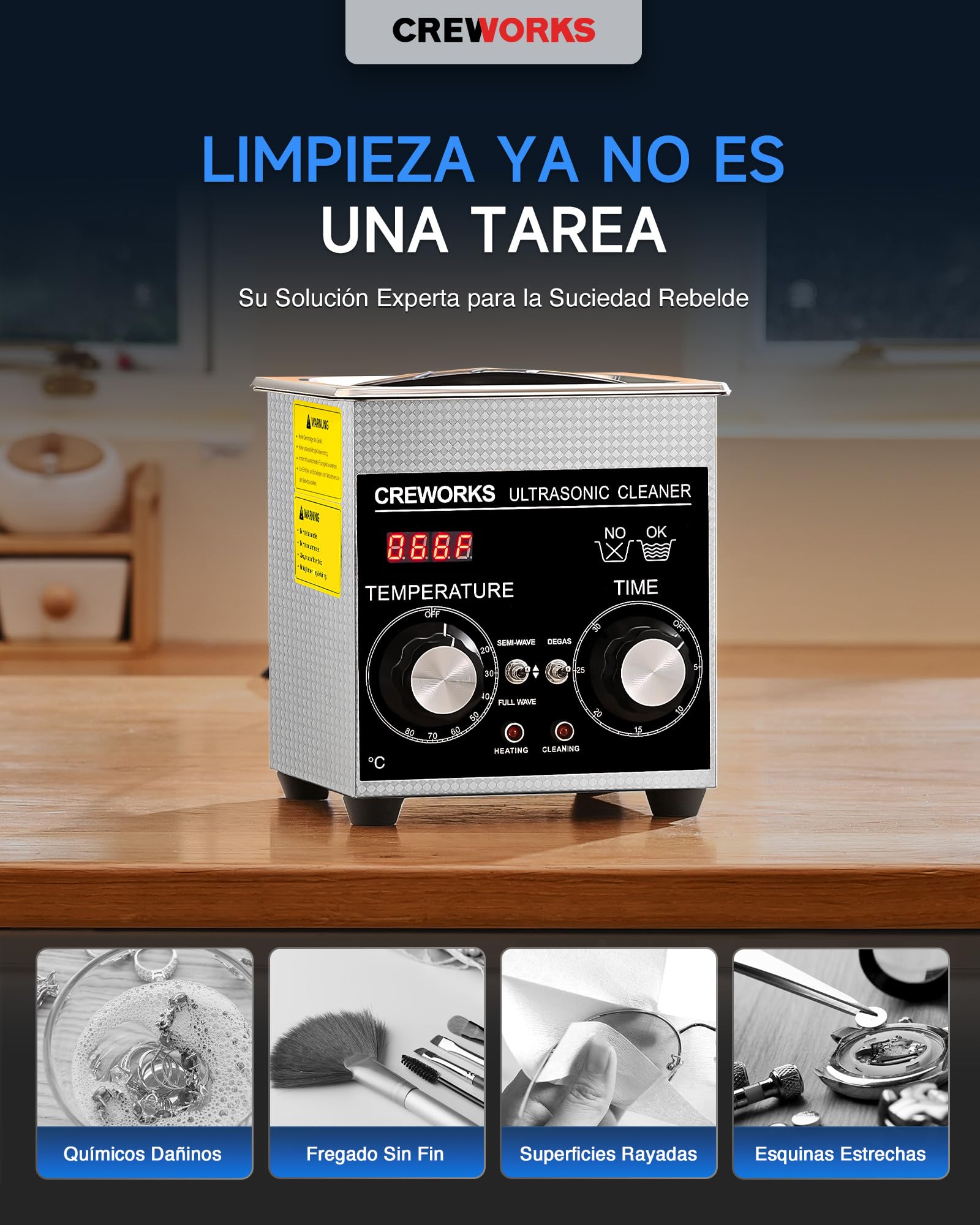 CREWORKS 1.3L Limpiador de Ultrasonidos con Temporizador y Calentador Limpiador Ultrasónico de Acero Inoxidabale Máquina de Ultrasonidos para Limpieza de Gafas/Joyas/Anillos (1,3 L)