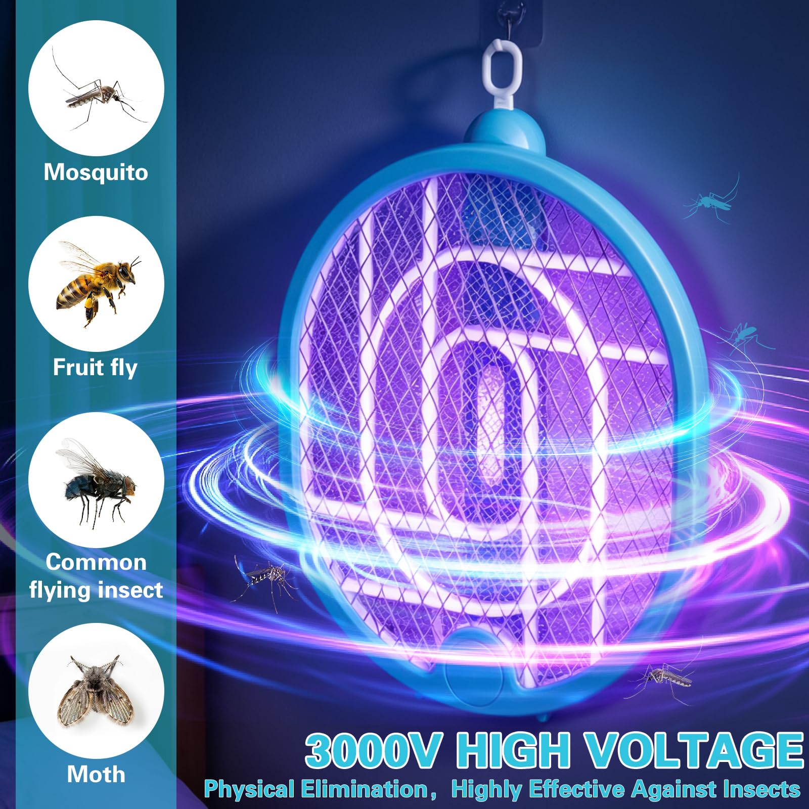 Raqueta Eléctrica Anti-Mosquitos Extra Potente 3000V, 3 en 1 con Luz UV Atractiva, Matamoscas Eléctrico Recargable USB-C, Silencioso, Plegable y Seguro para Dormitorio, Cocina y Jardín (Azul) — view 3