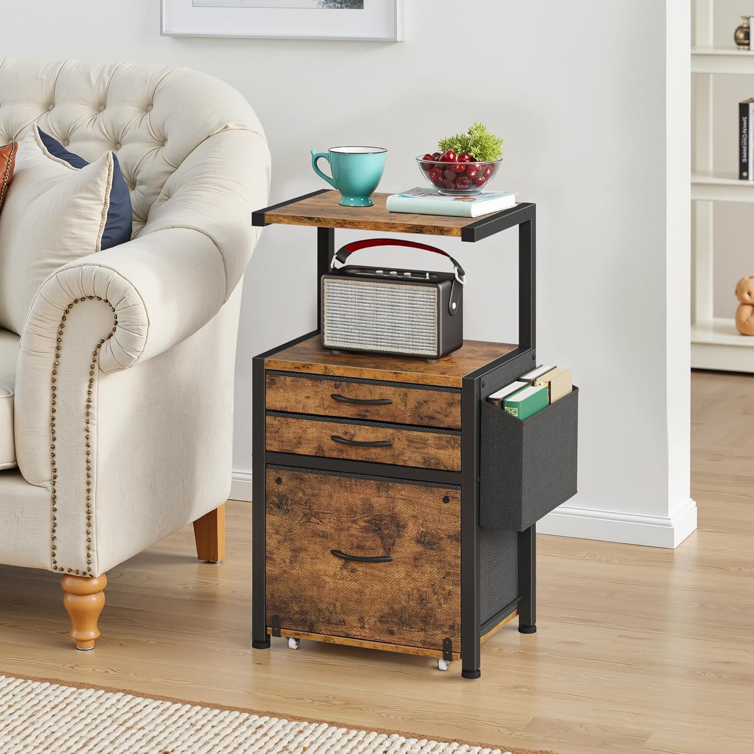 3-Drawer File Cabinet, Filing Cabinet with 2-Tier Printer Shelves, Office Cabinets with Side Bag&File Drawer for A4/Letter Size, Printer Stand with Storage for Home Office, Rustic Brown