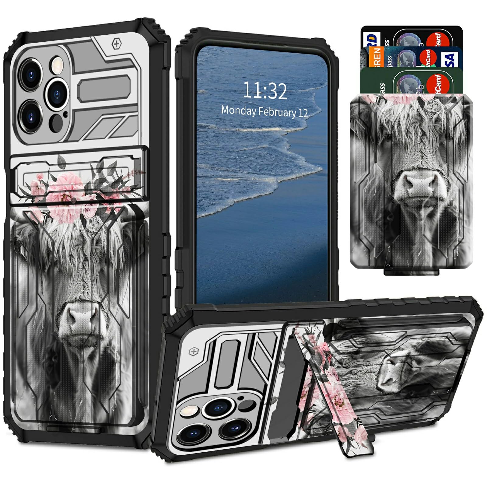 GFRGTFHYT for iPhone 16 Pro Max Phone Case 6.9" Wallet Credit Card Holder Kickstand Dual Layer Hybrid Cover Highland Cow Flower Design Heavy Duty