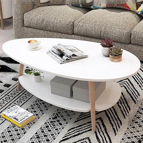 Mesas de centro de madera ovaladas con estantes abiertos, mesas auxiliares en forma de gota de 2 niveles, mesas de consola pequeñas y modernas para