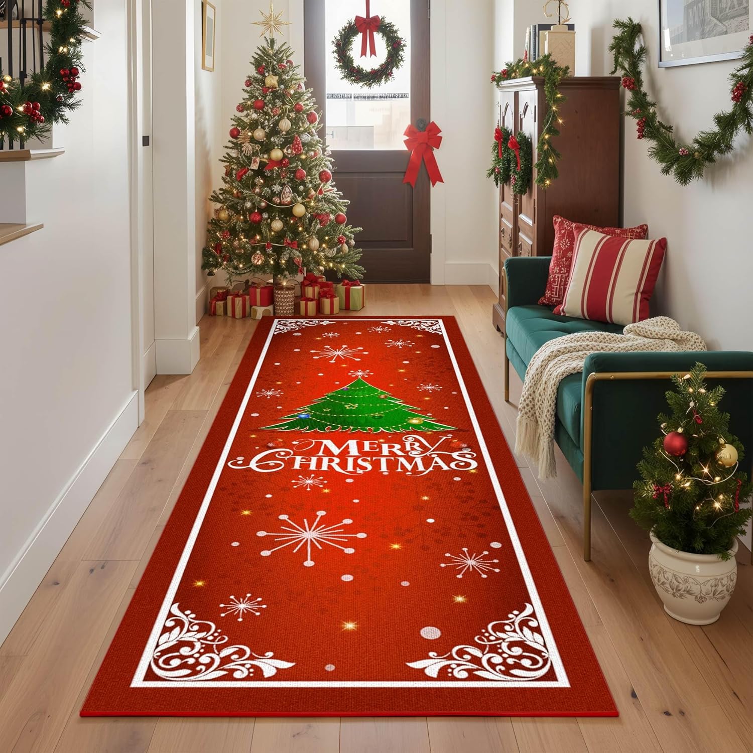 Christmas Runner Rug for Kitchen Hallway Rugs Runner, Santa Welcome Non Slip Washable 6 ft Long Rug Runners with Rubber Backing, Xmas Holiday Decoration Carpet for Entryway Bedroom Bath, 2x6 Feet