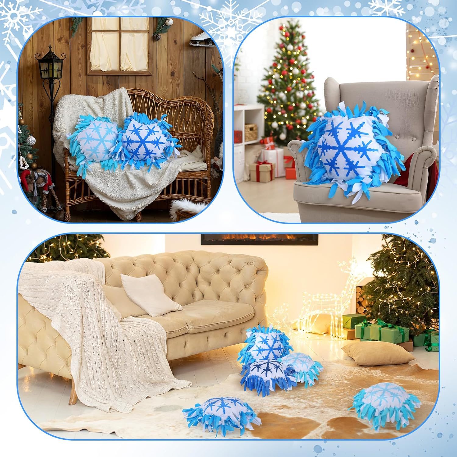 Deekin 6 Sets Winter Snowflake Fleece Tied Pillow Craft Kit 16 Inch Christmas Snowflake Printed Hexagon Pillow DIY Craft for Holiday Fun Home Activities Party Decoration
