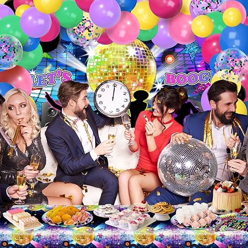 Miniatura 6 de Decoraciones de fiesta de los años 70, 280 piezas de decoraciones de fiesta de discoteca de los años 70, telón de fondo Let's Boogie, globos de