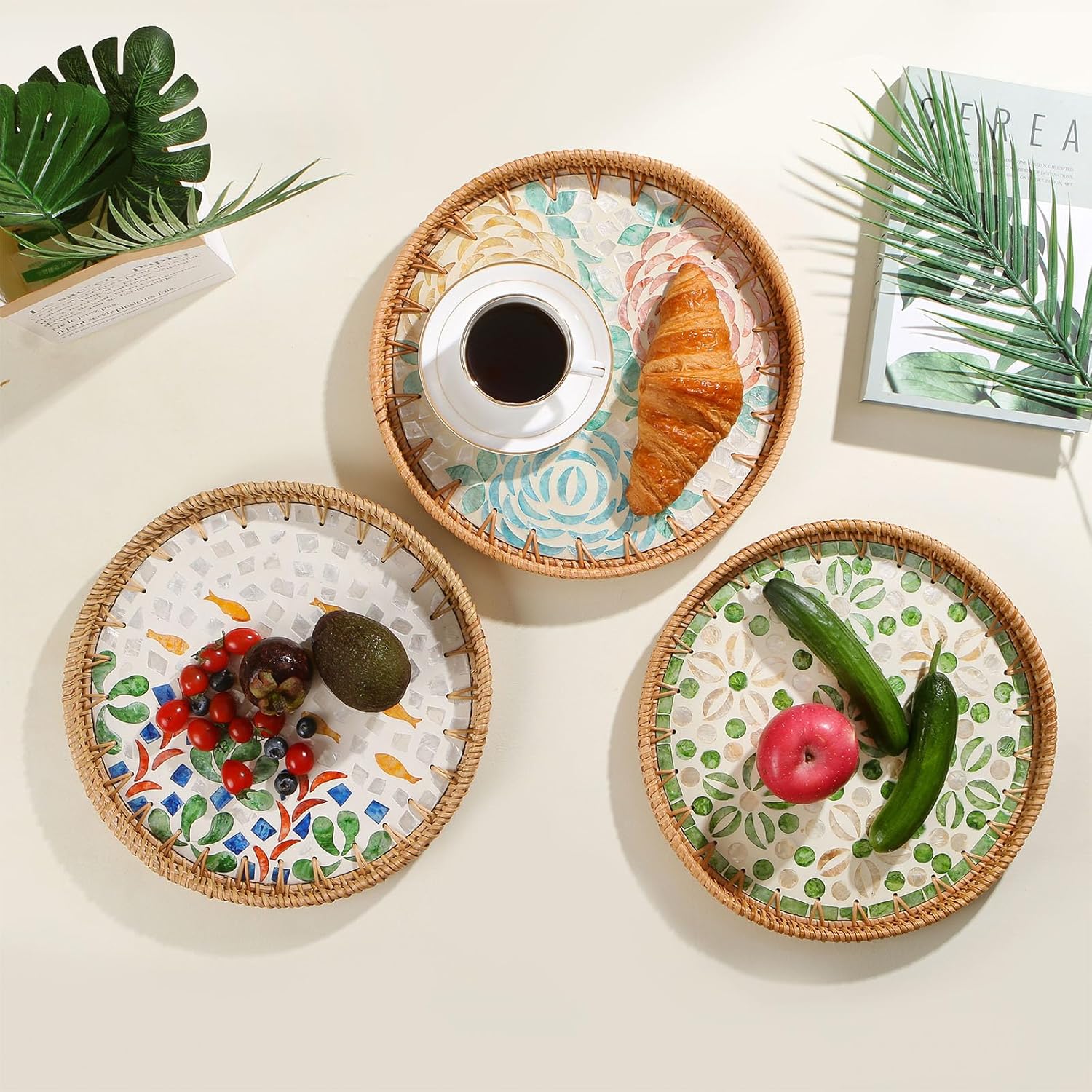 Round Rattan Tray with Mother of Pearl Inlay, Decorative Wicker Serving Tray with Wooden Base, Woven Basket Trays for Bread Fruits Coffee - Image 2