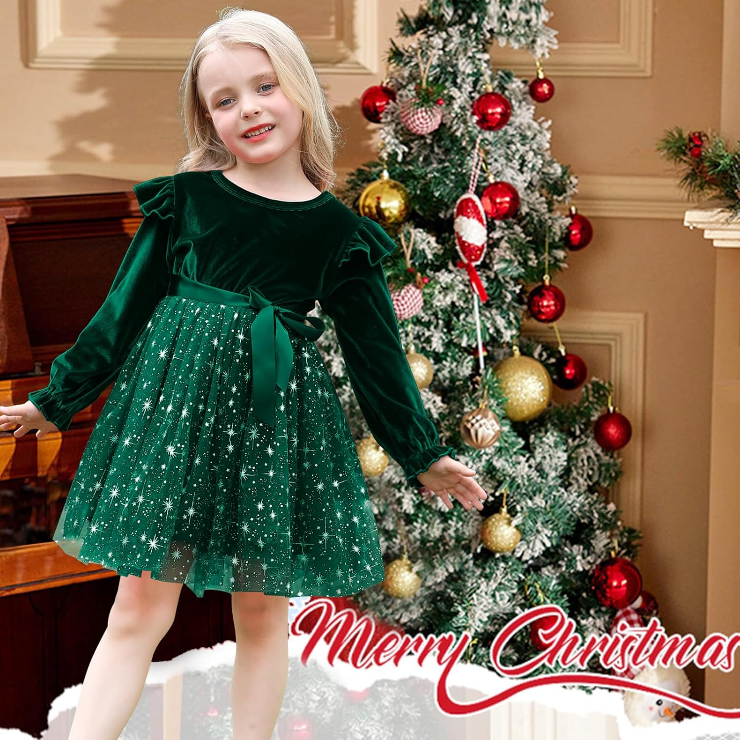 Toddler Christmas Dress Ruffle Long Sleeve Toddler Baby Girls Knee Length Tulle Velvet Dresses for Party Holiday - Image 4