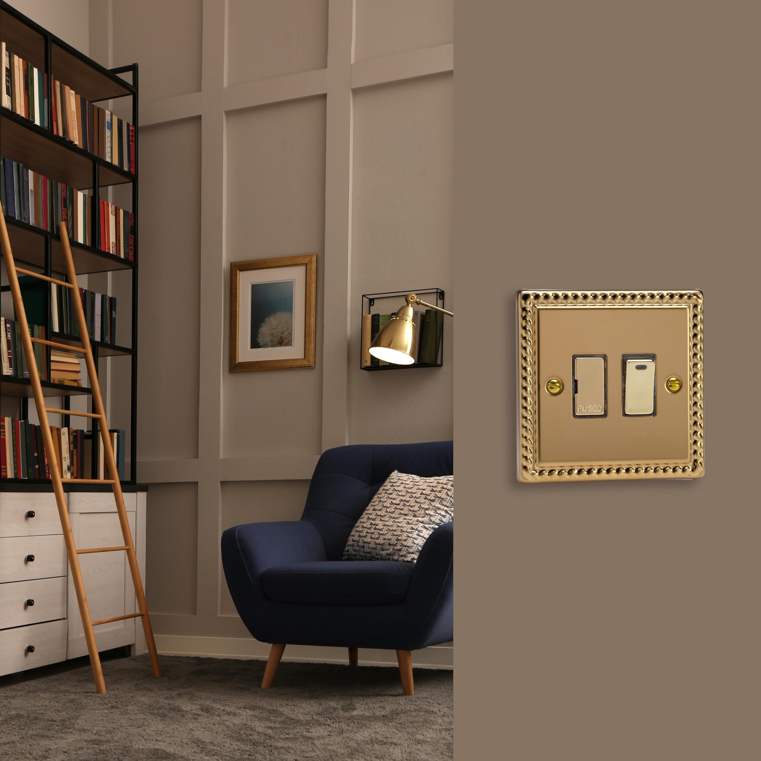 Varilight Switched Fused Spur with Neon - Classic Georgian Brass with Polished Brass Insert, XG6ND, 95x95x30mm - Image 2