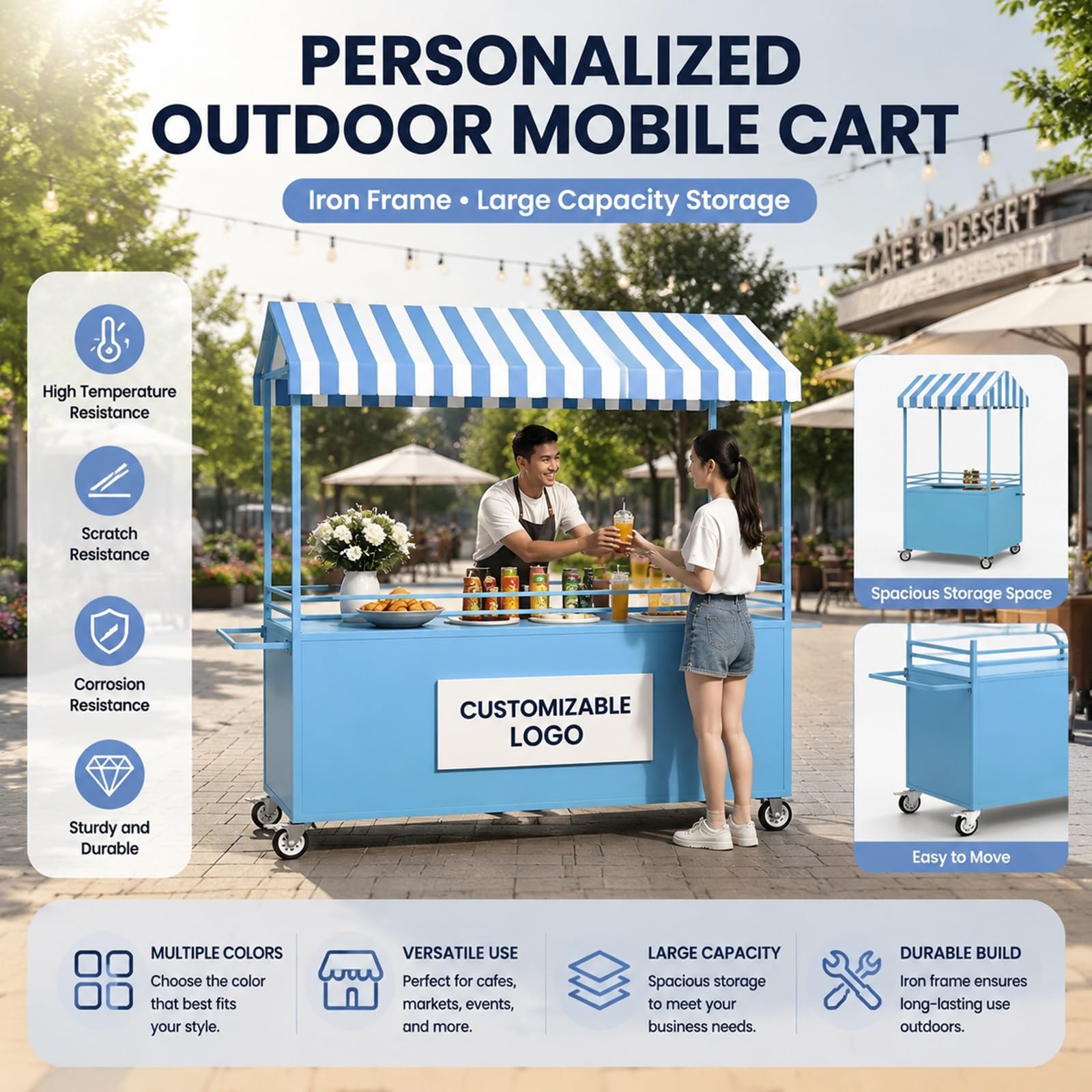 Tragbarer Verkaufswagen mit überdachung, Mobiler Imbisswagen Marktständer Stall, Verkäufer-Dessertstand for Markt, Straßenessen und Veranstaltungen(Blue)