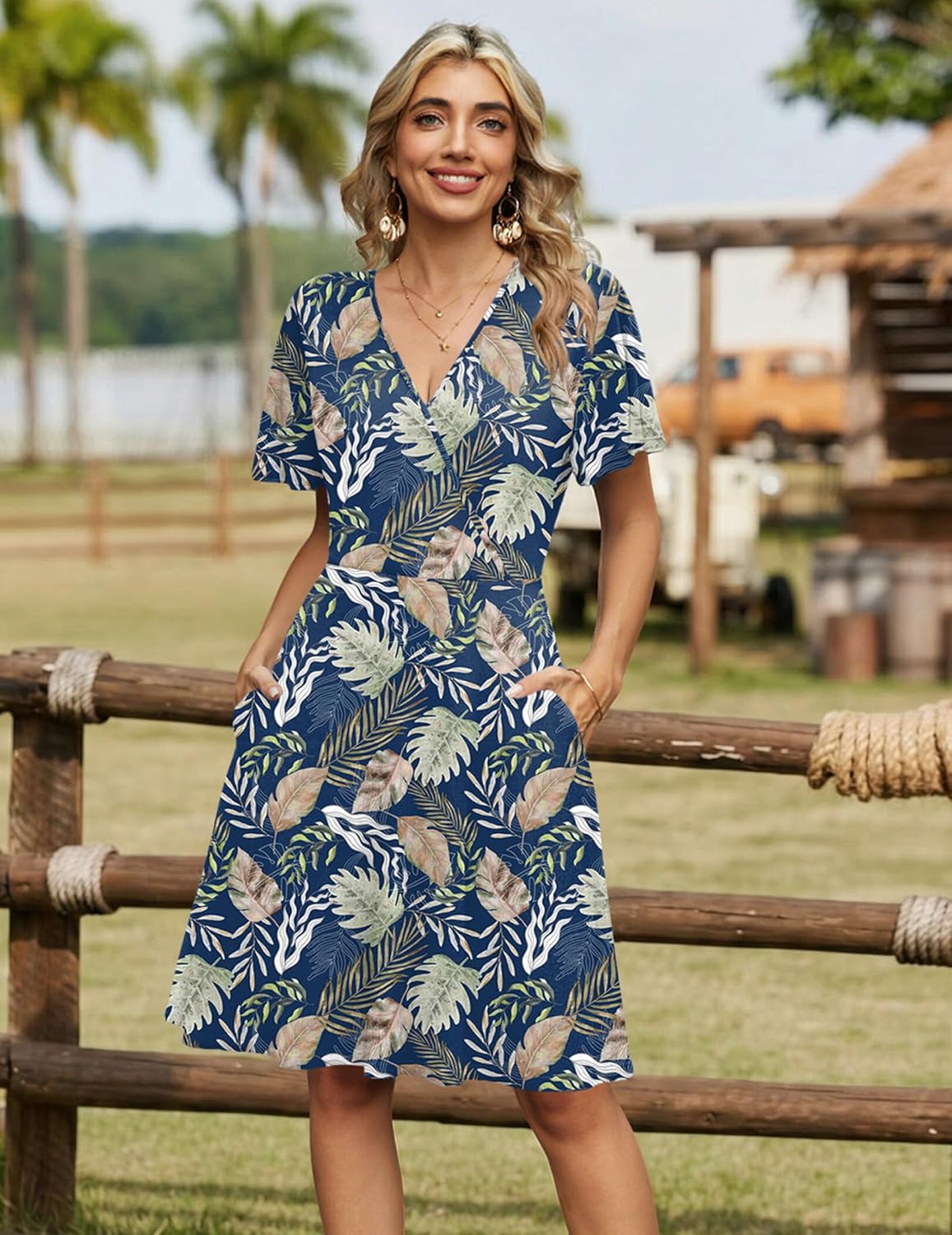 Zeagoo Womens Summer Sundress Ruffle Short Sleeve Casual Dresses V Neck Floral Wrap A-Line Party Dress with Pockets - Image 5