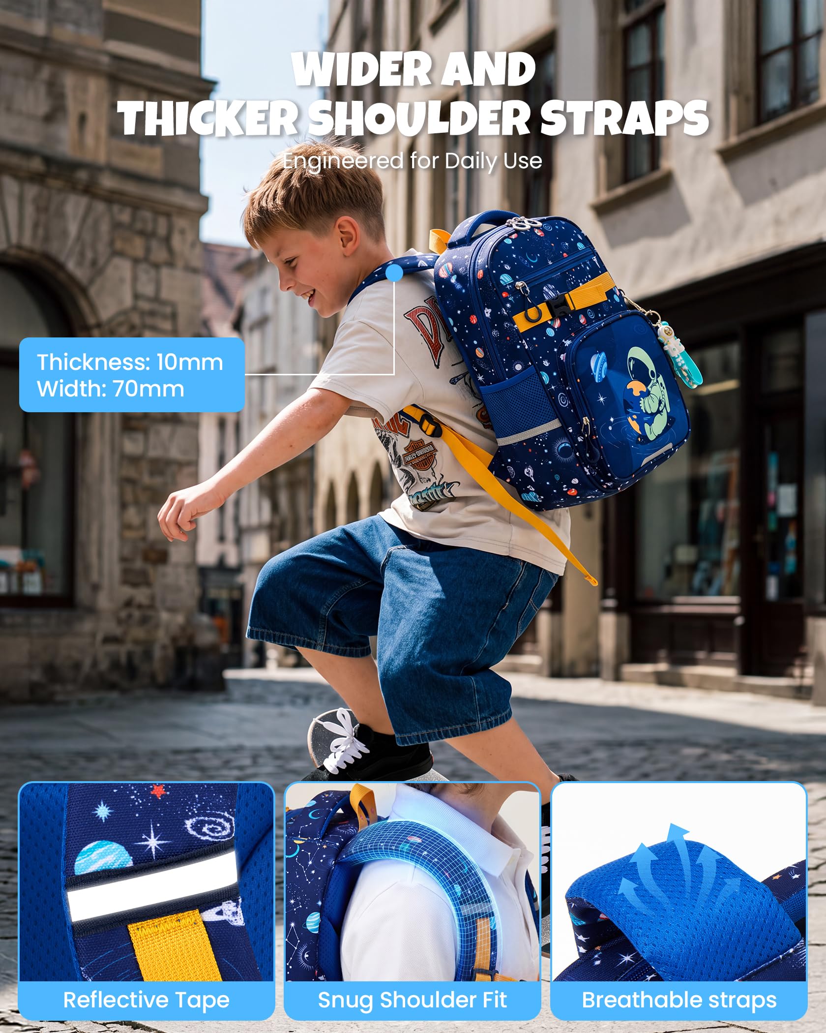 Amythe Set 3 pièces Cartable Garçon dès 1ère année Réfléchissant | Sac à dos Enfant Ergonomique Léger 18L Primaire Imperméable Astronaute
