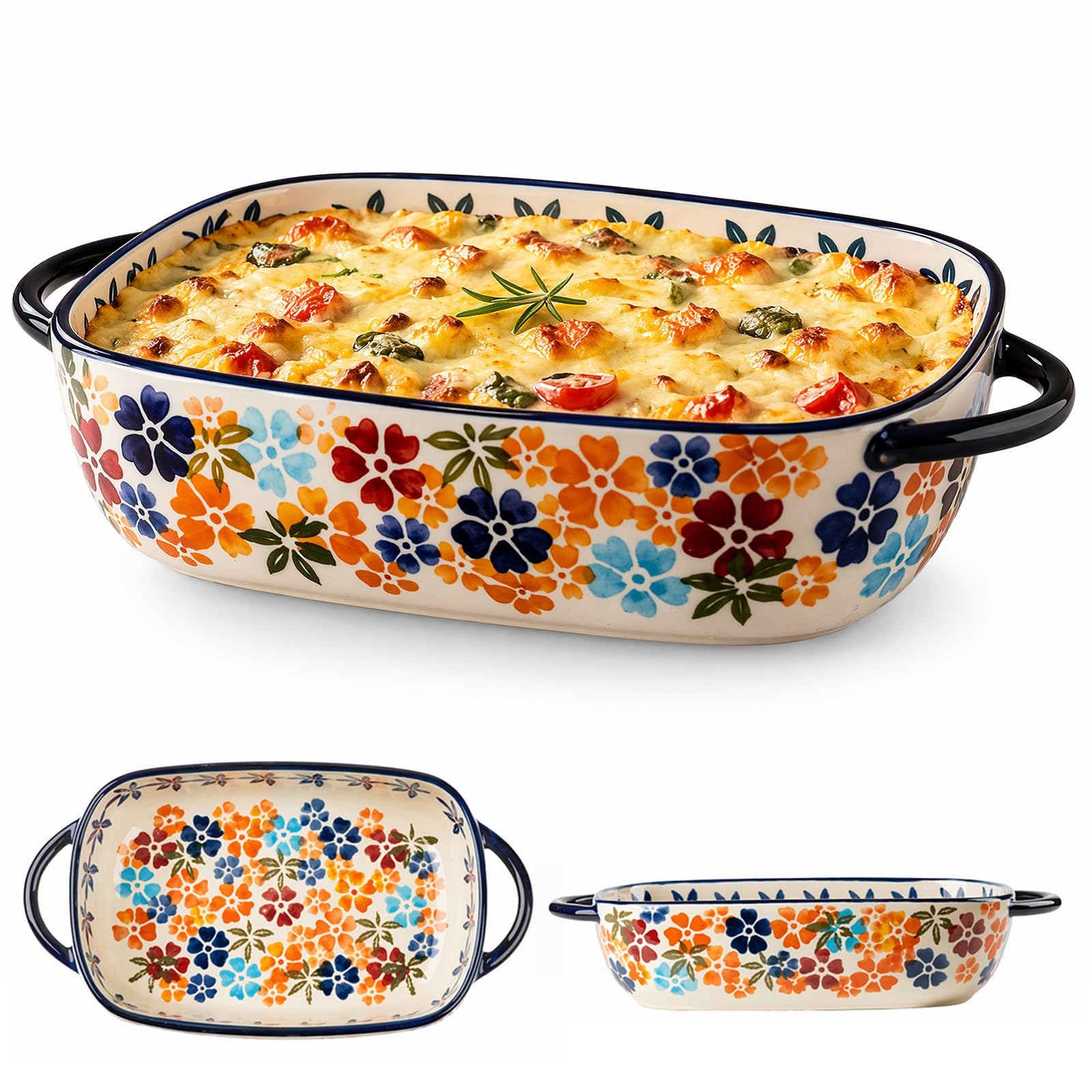 Casserole Dish, Large Ceramic Oven Dish with Handles，A-Vintage Floral