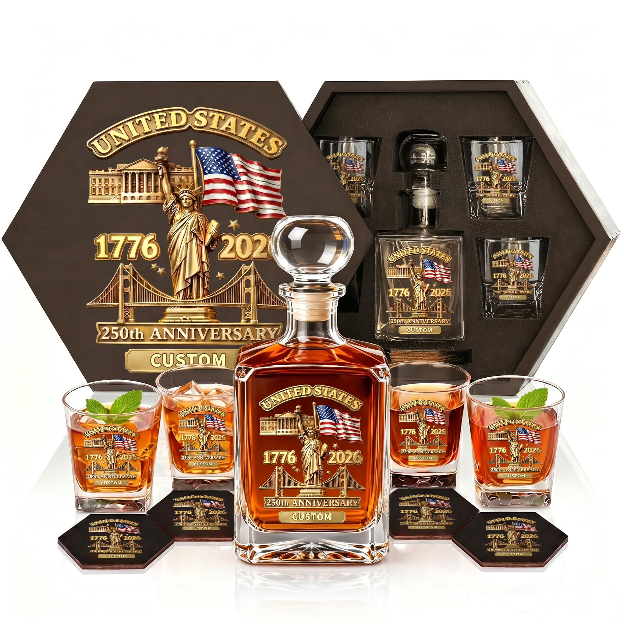 Veterans Day Gifts,Custom USA 250th Anniversary Whiskey Decanter Set for Men,Patriotic Bourbon Decanter Gift Box, 1776-2026 America 250 Years Celebration for Dad Husband Whiskey Lovers