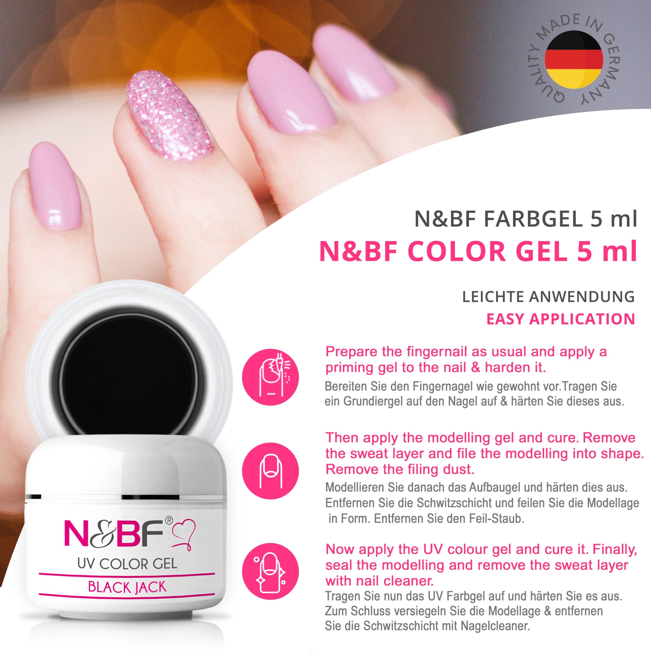 NAILS FACTORY UV Farbgel 5 ml | Black Jack (Schwarz) | Colourgel deckend mittelviskos | Color Gel für Gelnägel | Made in Germany | Nageldesign Farbgele | selbstglättend ohne Säure - 5