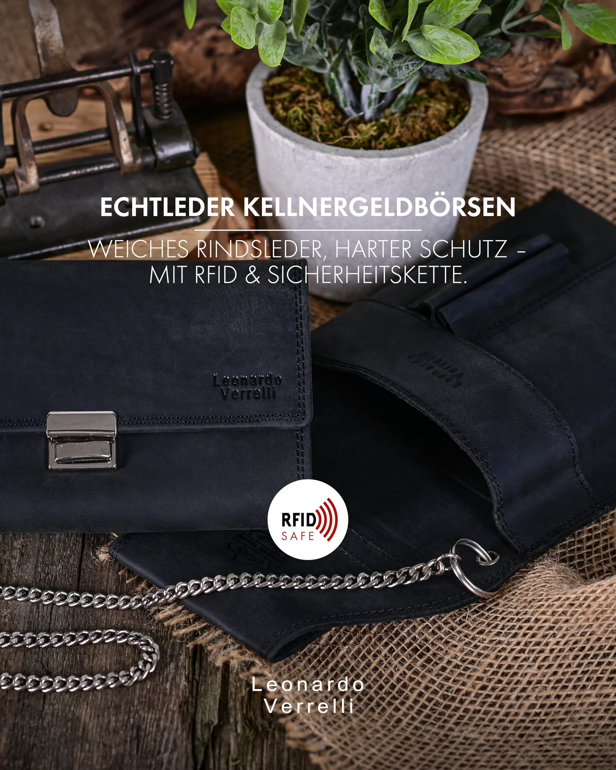 Kellner-Geldbörse aus Leder mit großem Münzfach Damen Herren Portemonnaie mit oder ohne Holster und Kette (Schwarz)