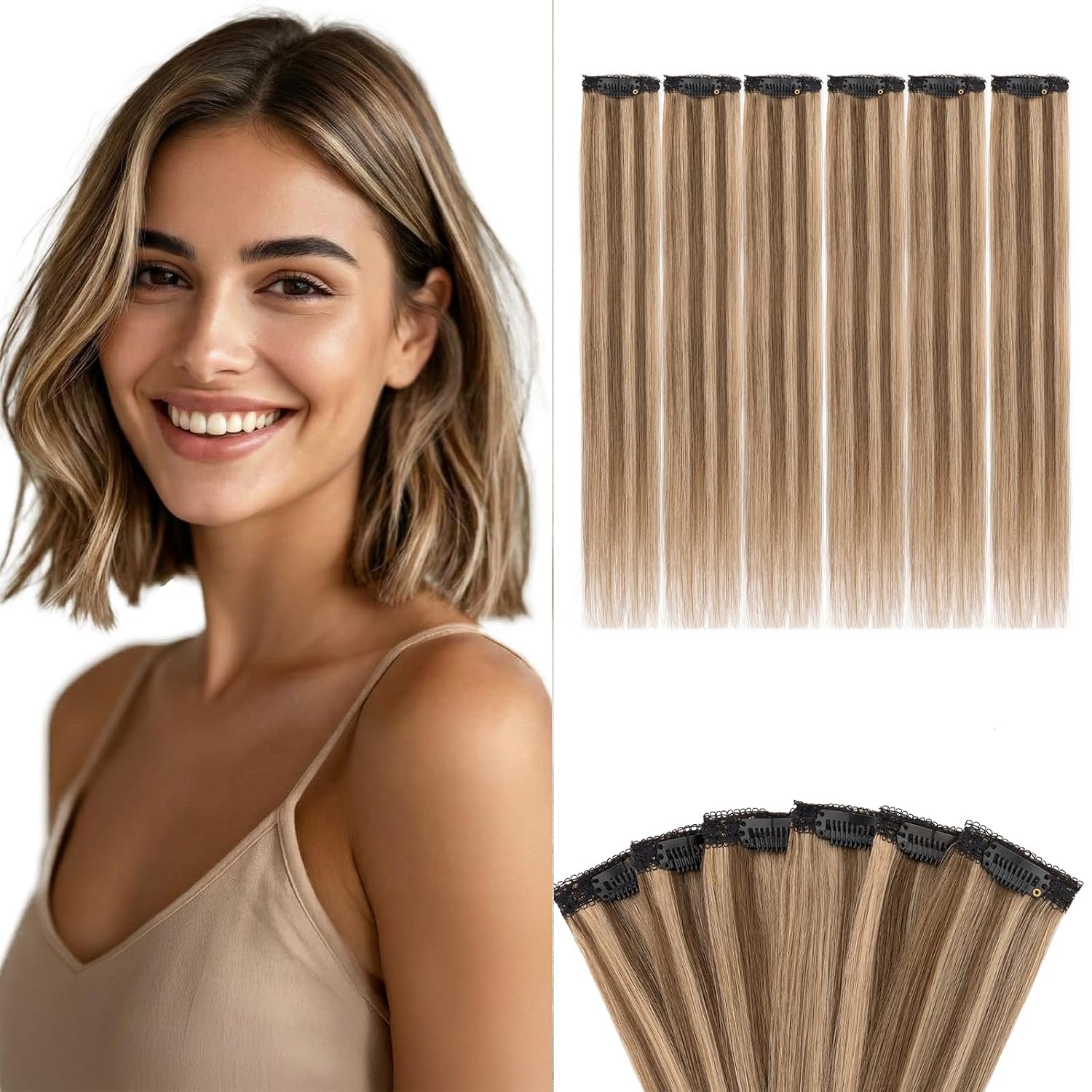 Benehair 6 PCS Clip in Short Hair Extensions 100% Real Human Hair Seamless & Invisible for Women Instant Volume Highlight Length for Daily Use 12" Medium Brown&Dark Blonde