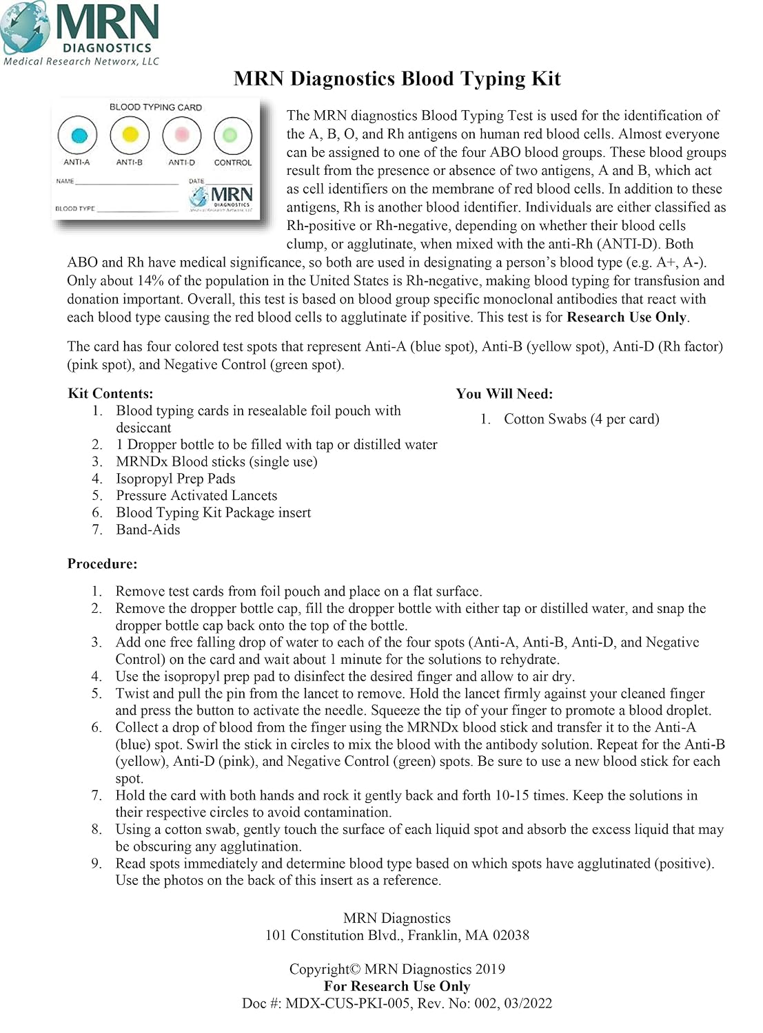 Blood Type Kit: 5 Pack Complete Blood Typing Kit