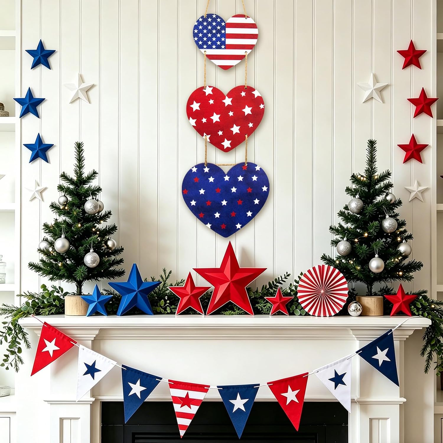 4th of July Decorations US 250th Anniversary Patriotic Decorations, Wooden Heart Patriotic Wreath Hanging Sign for Front Door Decor for Memorial Day Fourth of July Porch Wall Indoor Home Decor