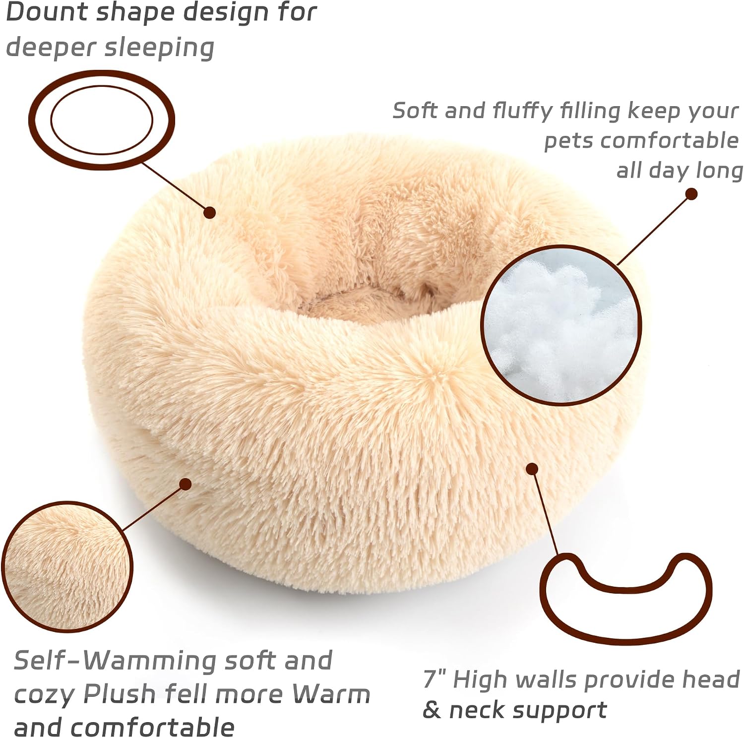 review Calming Dog Bed for Cats and Small Dogs, Donut Washable Small Cat Bed for Indoor Cats and Dogs, Anti-Slip Round Fluffy Plush Faux Fur Pet Bed for Small Cats and Dogs (Champagne, 15.7'')