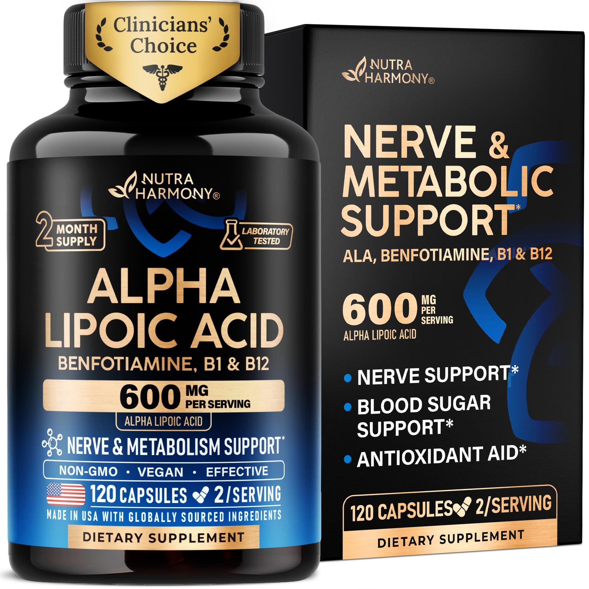 Alpha Lipoic Acid 600mg - ALA Supplement + Benfotiamine B1 & B12 - 120 Caps 120 Count (Pack of 1)