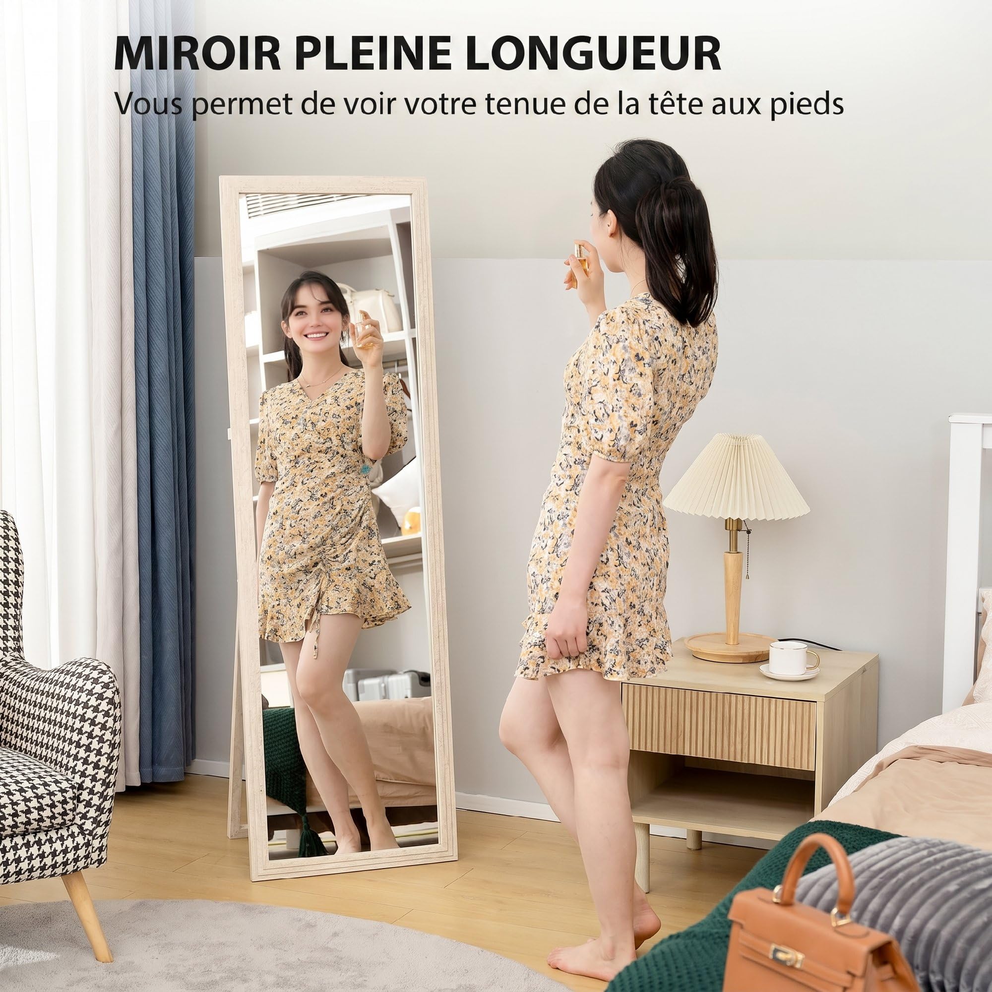 HOMCOM Miroir sur Pied Rectangulaire 160 x 50 cm, Cadre Texturé à Effet Pierre, Angle d'Inclinaison Réglable, Anti-Éclats, Miroir Intégral pour Mur, sur Pied, Appuyé, Blanc