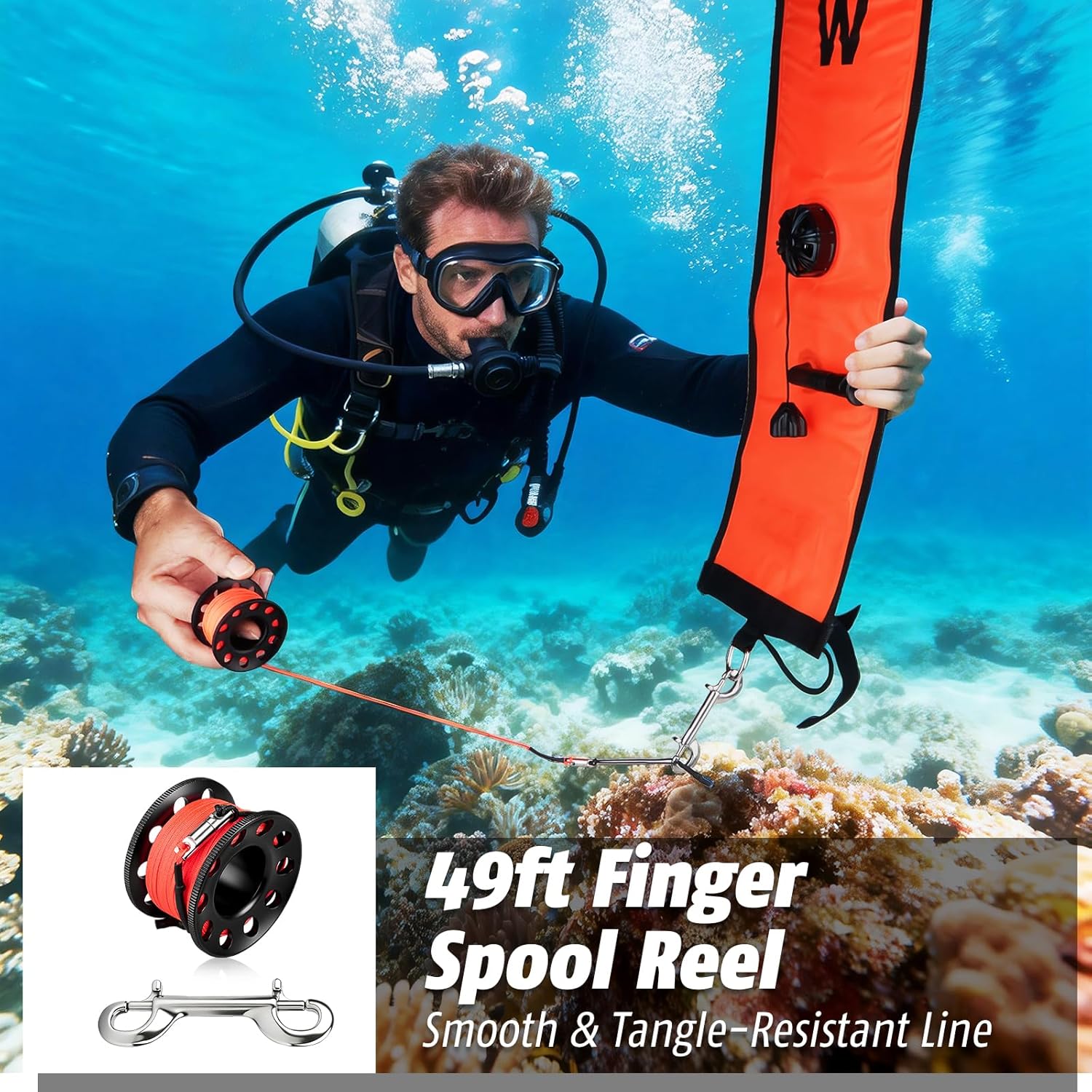 Scuba Diving SMB Kit – 4FT Surface Marker Buoy Dive Float, 49ft Finger Spool Reel+Bolt Snap & Mesh Storage Bag, High-Visibility Signal Tube for Snorkeling, Freediving