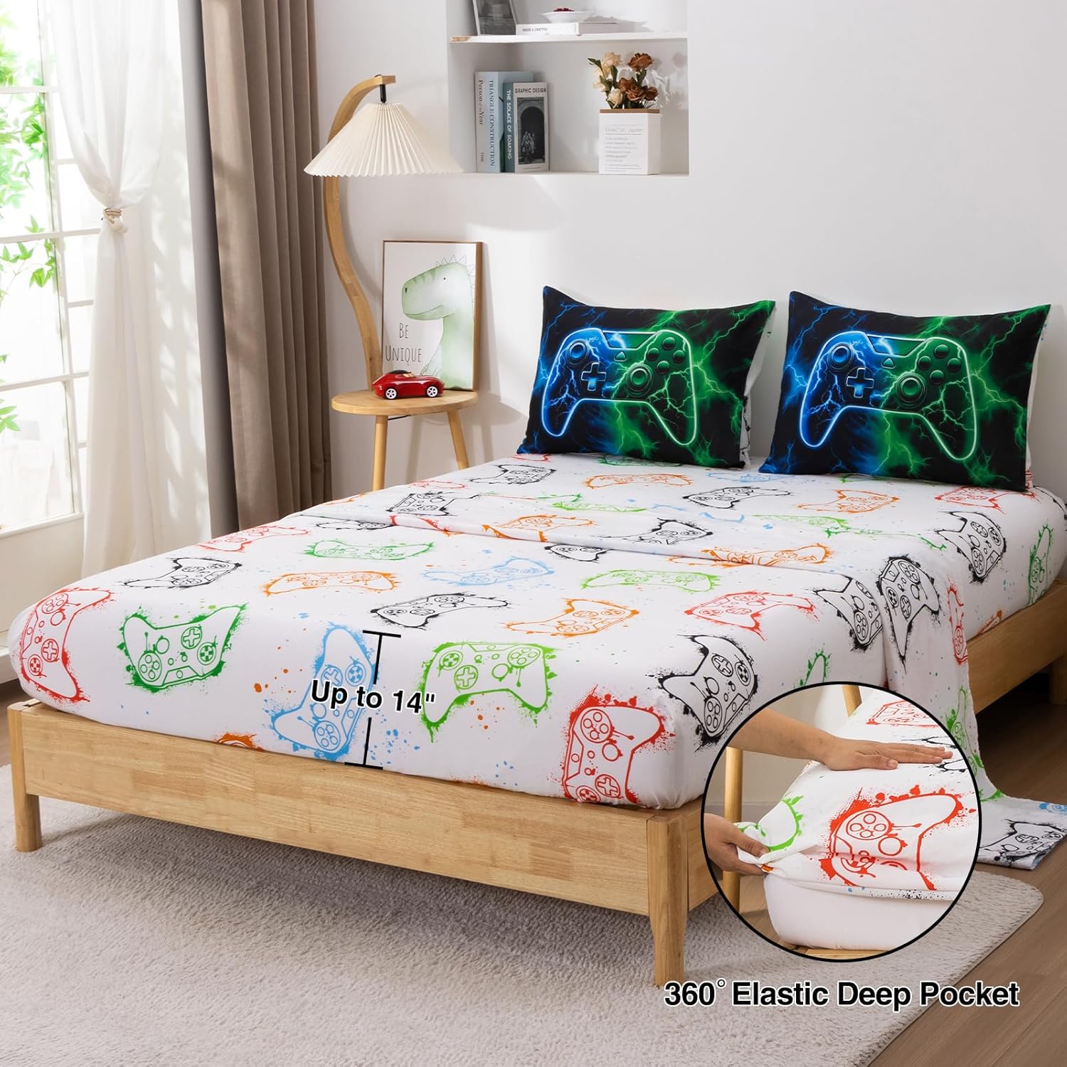 Meeting Story 5-Piece Boys Bedding Set Queen Size Green and Blue Game Console Kids Bed in A Bag Soft Lightweight Video Gamepad Bedroom Set(Bluegreen)