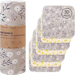 Reusable Dishcloths Kitchen Towels Cotton: 30 Packs 10X10 Washable Roll Paperless Paper Towels Absorbent Dishcloths Set Dish Tea Towel for Kitchen Drying (15Bee+15Daisy, 10×10