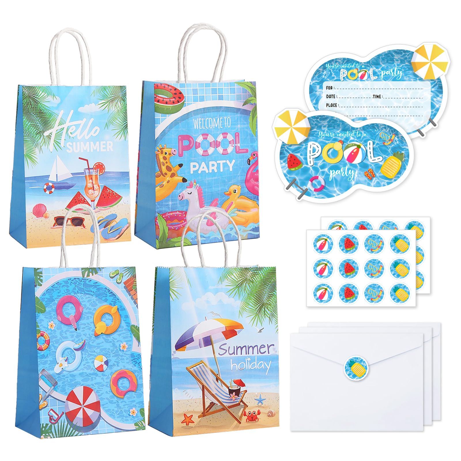 IHCEMIH Party Bags, 24 Pack Pool Birthday Gift Bag Set with Invitations Envelopes Stickers Multipack Small Paper Present Bags with Handles Summer Pool Party Thank You Goodie Bag for Kids Girls Boys