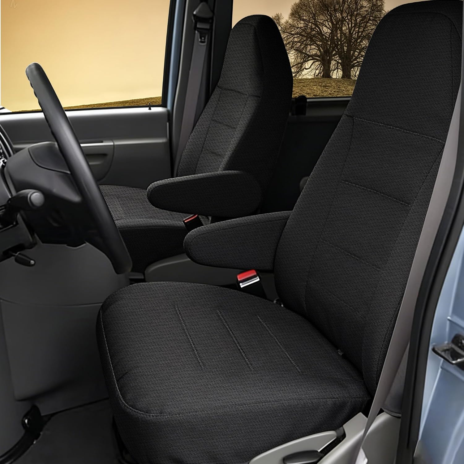 600D Waterproof Heavy Duty Oxford Fabric Front Seat Covers for Ford E150 E250 E350 2009-2023 High Back Bucket Seats, Scratch Resistant, Anti-Scuff, Wear-Resistant Protection-Black&Gray