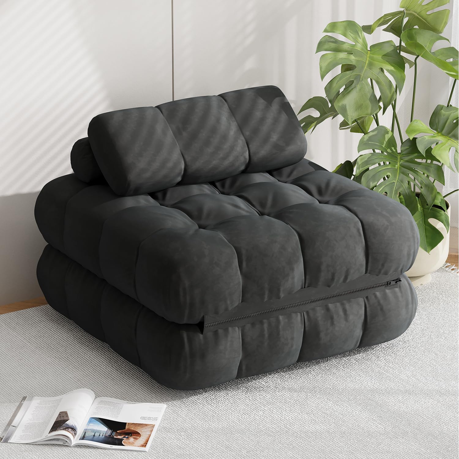 DSNAPE 3-in-1 Folding Futon Sofa Bed, 35.4" Convertible Sleeper Chair Bed with Pillow, Portable Fold Out Boneless Couch Lounge, Comfy Velvet Floor
