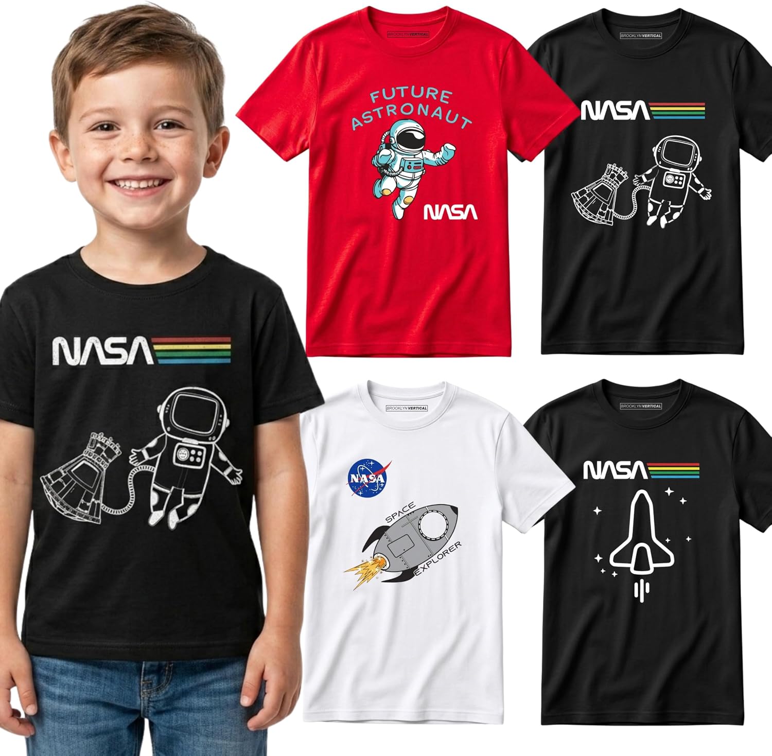 BROOKLYN VERTICAL 4-Pack Toddler NASA Print Outer Space Rocket Ship Short Sleeve T-Shirt | Soft Cotton Sizes 2T-4T (Combo A, 2T)