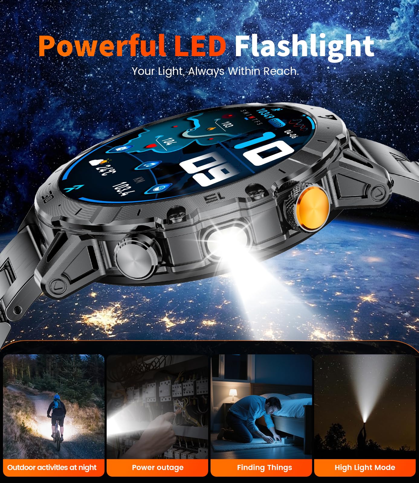 EF18 Montre intelligente militaire pour homme, grande batterie de 1000 mAh, montre intelligente HD de 4,85 cm avec lampe de poche LED/sommeil/plus de 100 sports, étanche IP68 pour Android iOS