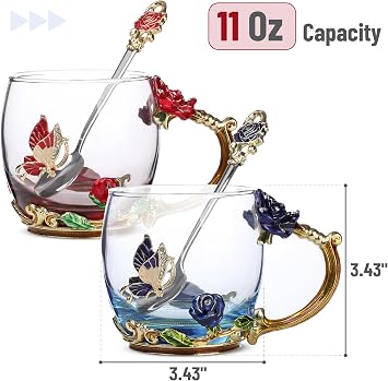 BTaT- Floral Glass Tea Cups with Spoon Set, Pack of 2, 11 oz, Blue & Red, Butterfly & Flower Design with Gift Box, Fancy Tea Cups, Dishwasher Safe