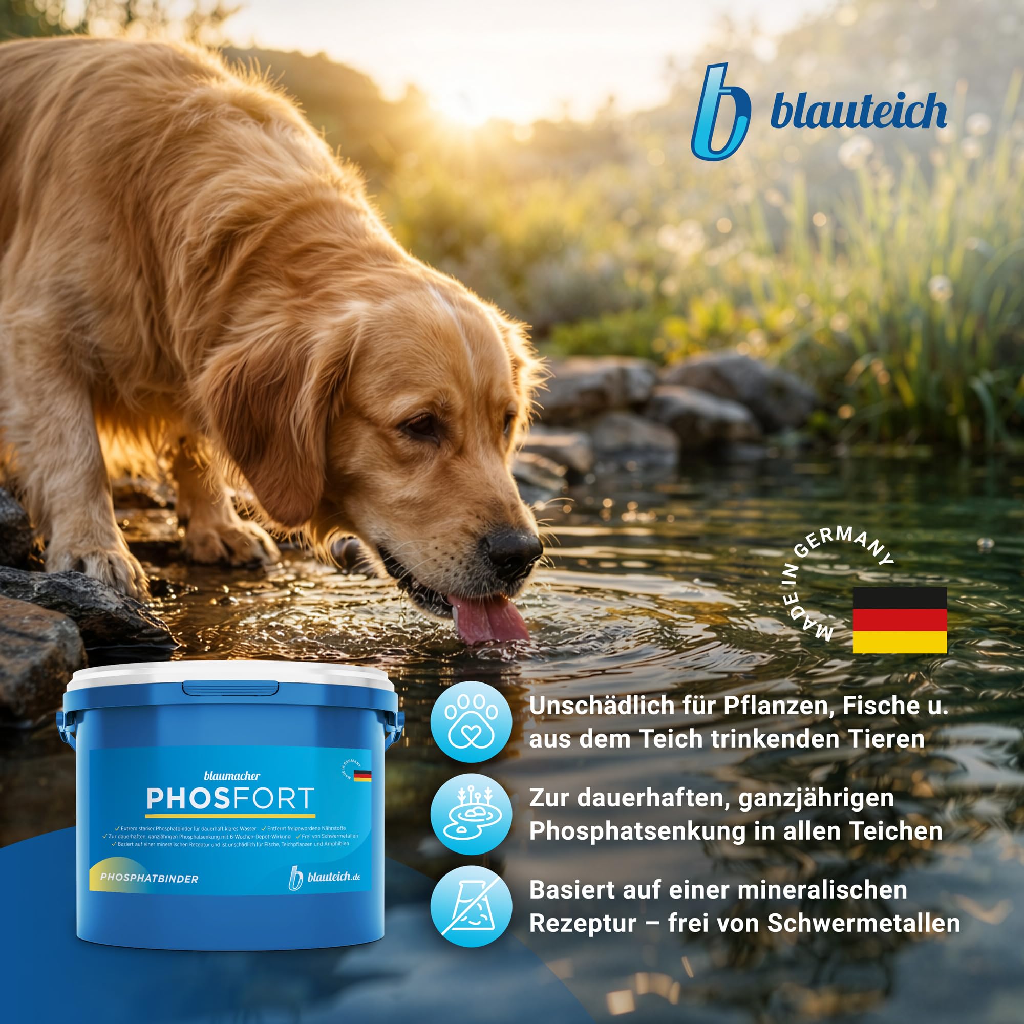 blaumacher PHOSFORT Phosphatbinder - ganzjährig anwendbare Teichpflege zur dauerhaften Phosphatbindung und Algenvorbeugung im Teich Pflanzenteich Fischteich Koiteich (1 kg)