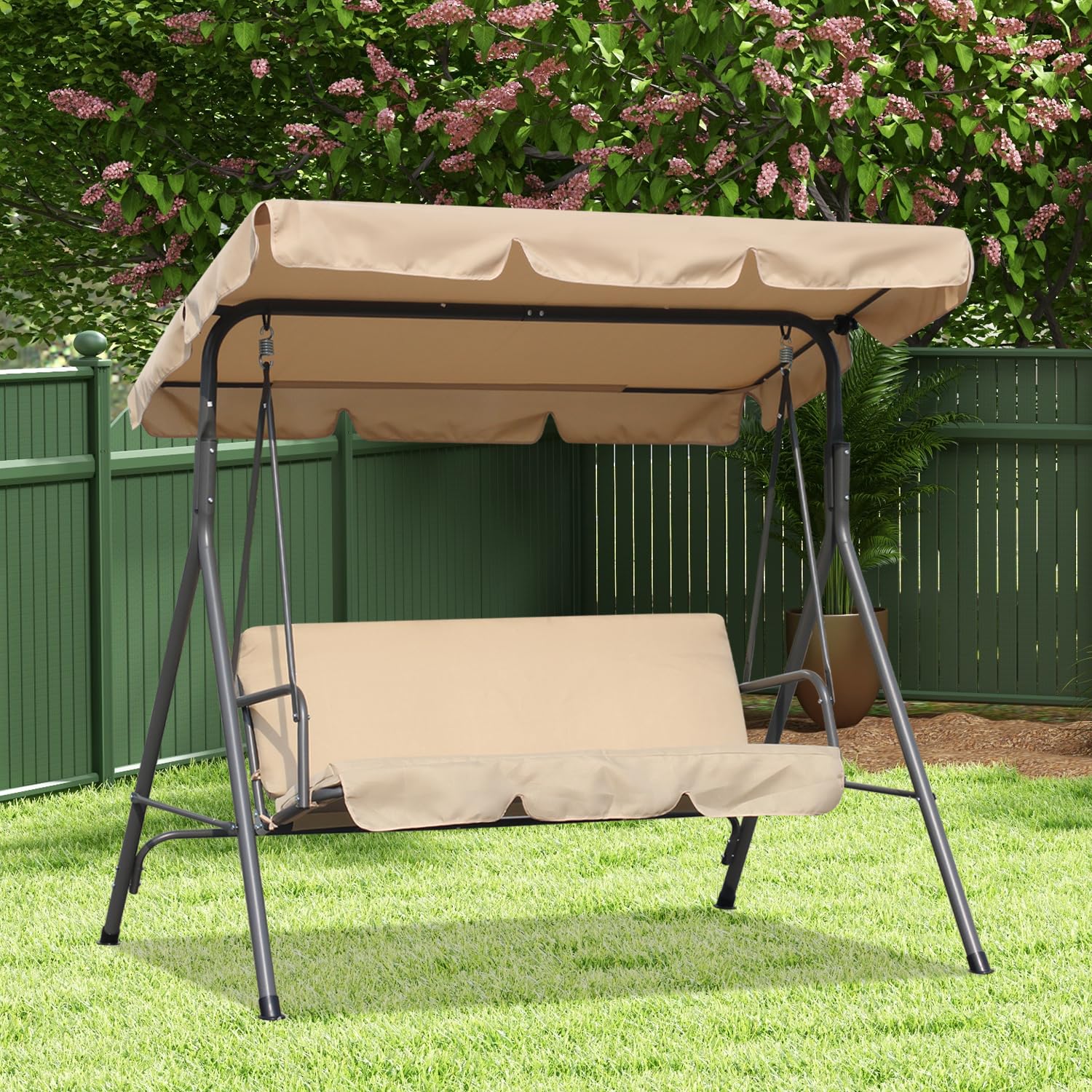 Angel Living Balançoire de Jardin en Métal avec Parasol Balançoire 3 Places avec Coussin Ajustable et Plafond pour Terrasse, Balcon Extérieur, Acier, Max. 240 kg - 169x110x151cm (Beige)