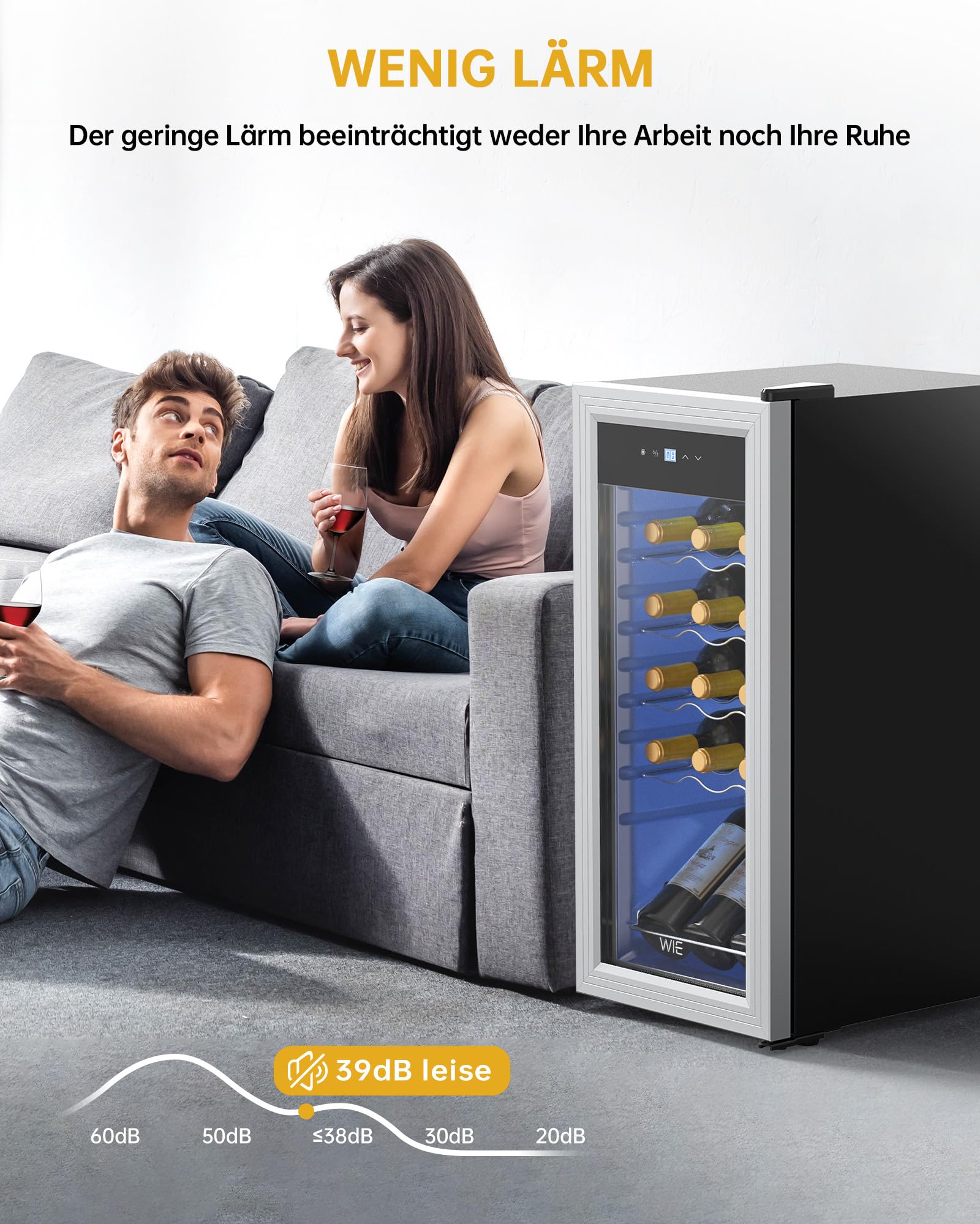 WIE Weinkühlschrank Compressor 53 Liter 18 Flaschen Getränkekühlschrank mit Glastür LED Touchpanel Anti-UV 5-18°C