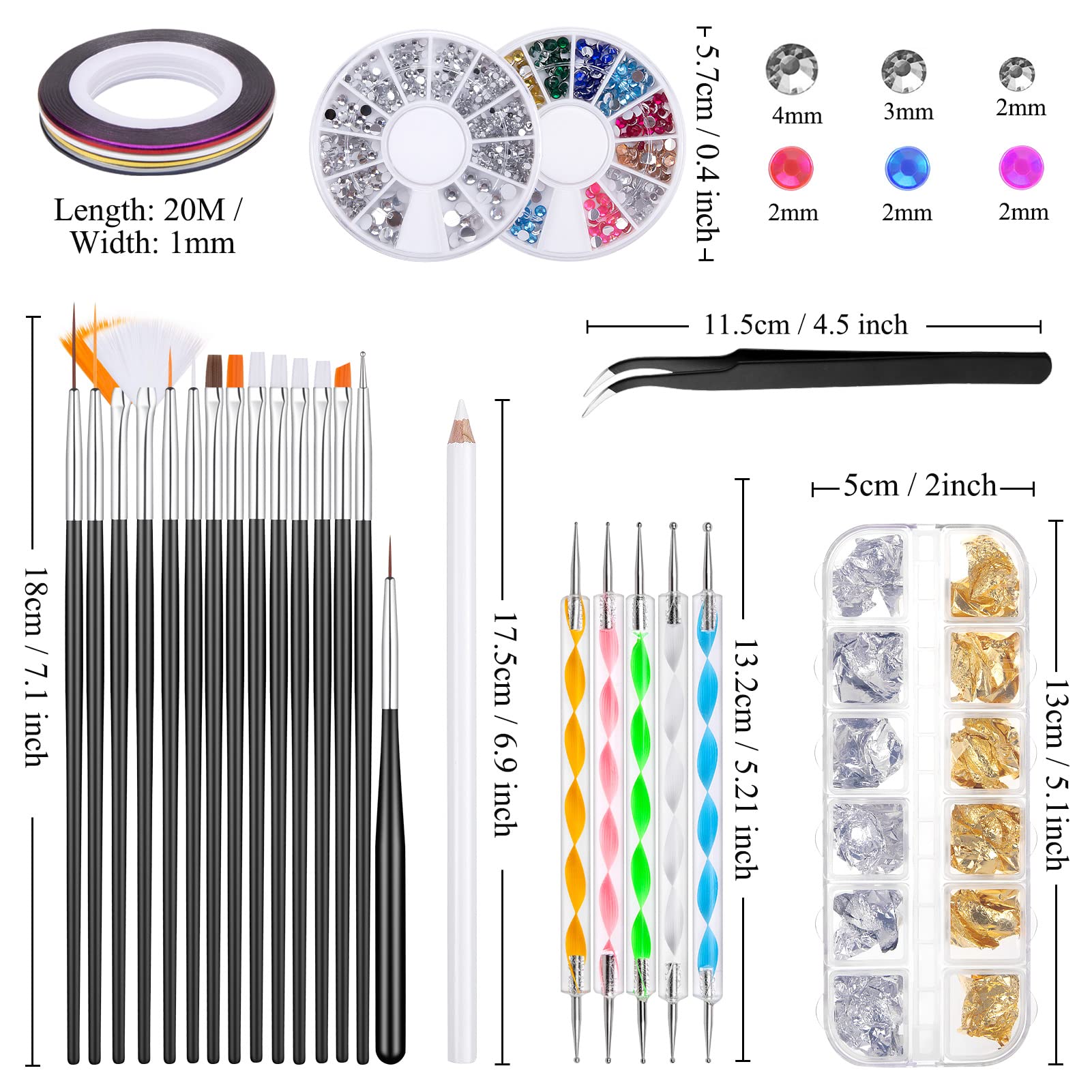 Kiiwah Kit de 31 Pièces Nail Art Design, 15 Pinceau à Ongles, 5 Dotting Pens, 2 Boîtes Ongles Strass, 10 Striping Tape et Feuille de Or & Argent pour Manucure Professionnel Femmes