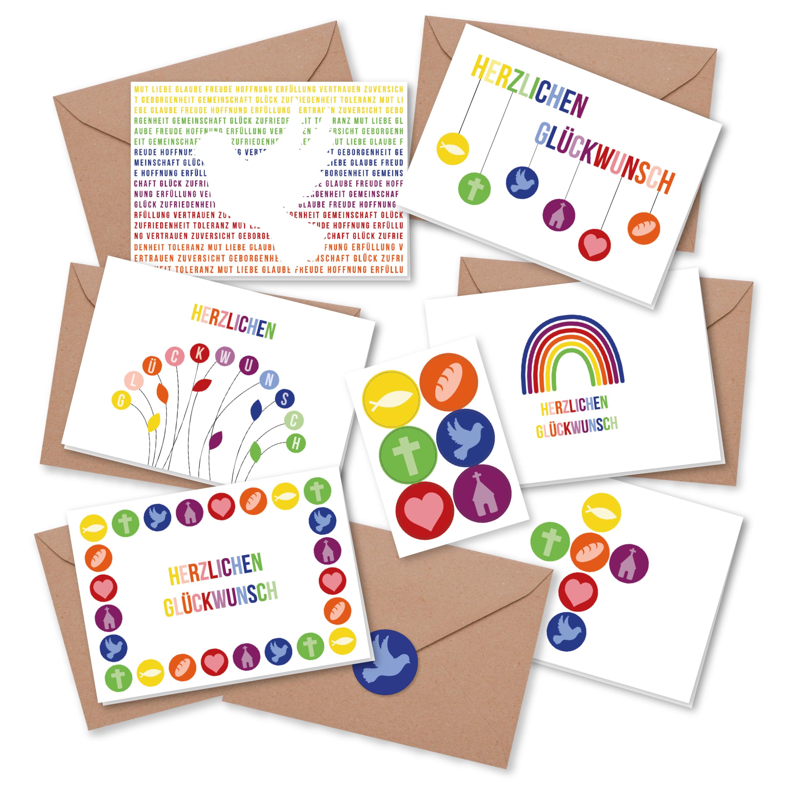 Papierdrachen 6 Greeting Cards for Christian Celebrations such as Christening, Communion, Confirmation, Rainbow Motif