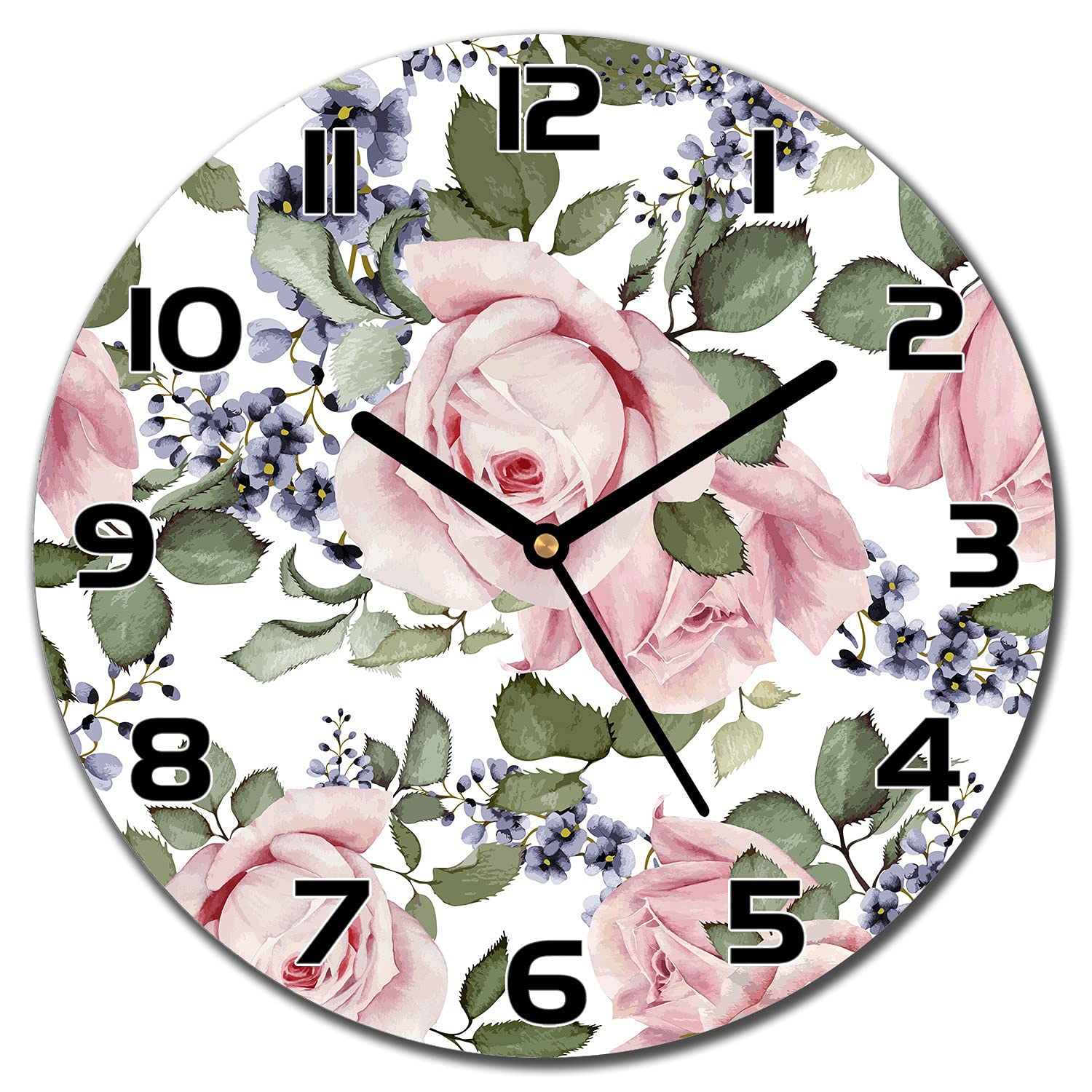 Horloge en Verre Salon Moderne - Pendule Murale Cuisine 30 cm Imprimée Fleurs Roses Coloray