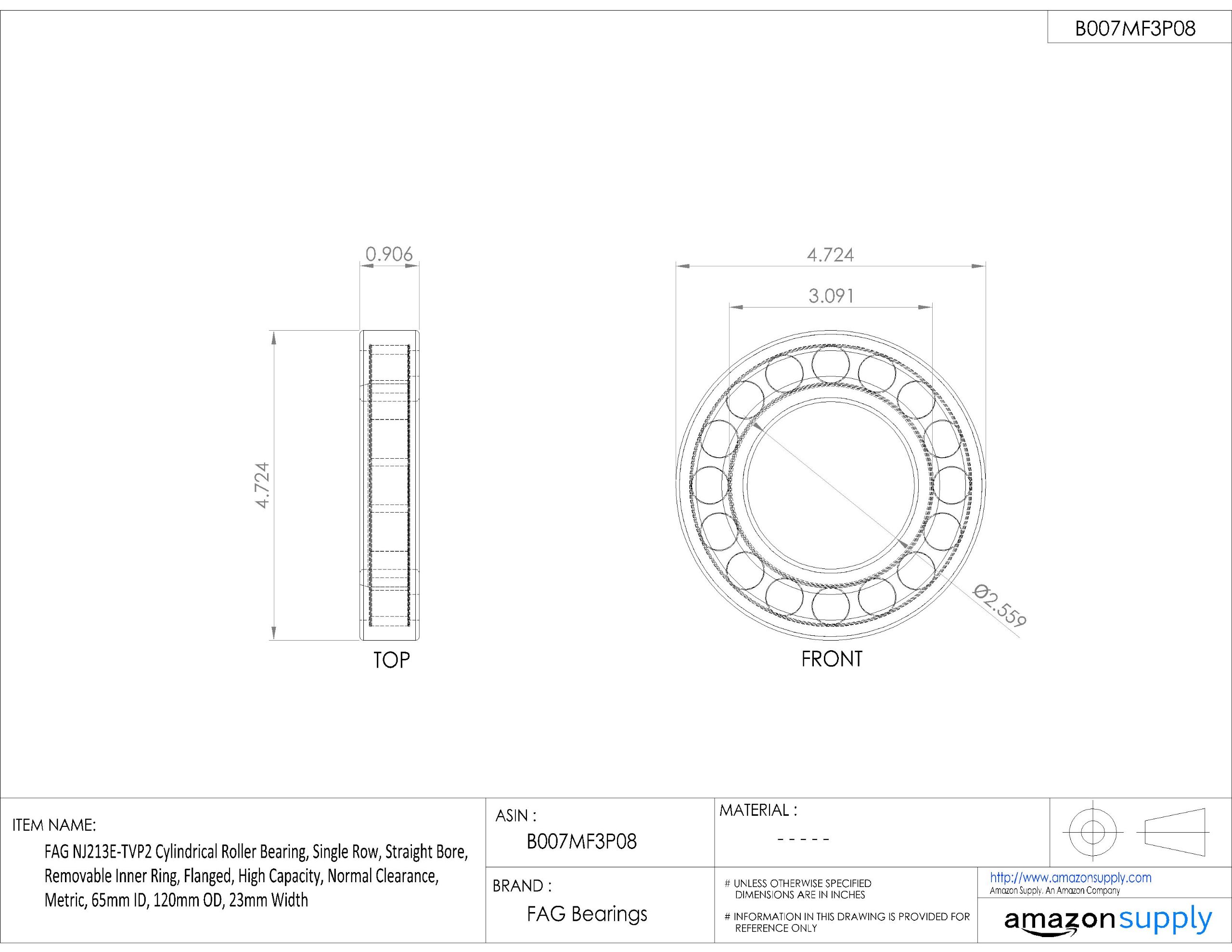 Roulement à rouleaux cylindriques avec cage Ø ext 120 mm Ø int 65 mm largeur 23 mm Régime 6000 tr/min FAG NJ213-E-TVP2