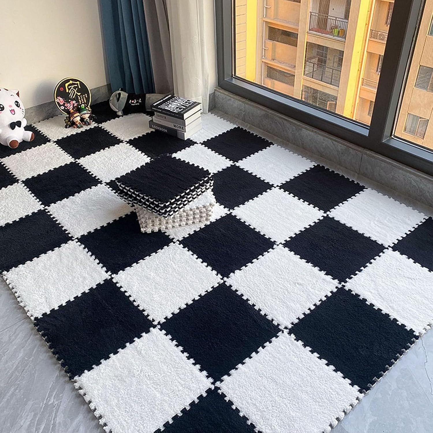 10 Pieces 12"x12" Square Interlocking Carpet Fluffy Area Rug, Plush Puzzle Foam Floor Mat with Border, Non-Slip Playmat for Parlor Bedroom(Black+White)