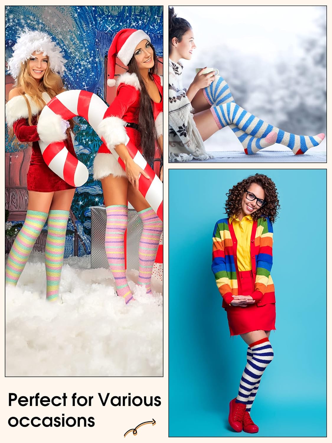 Foaincore 12 Pairs Women Thigh High Fuzzy Socks Warm Long Striped Stocking Cute Fluffy Cozy over the Knee Thigh High Leg Warmers for Winter Festival Gift - Image 7