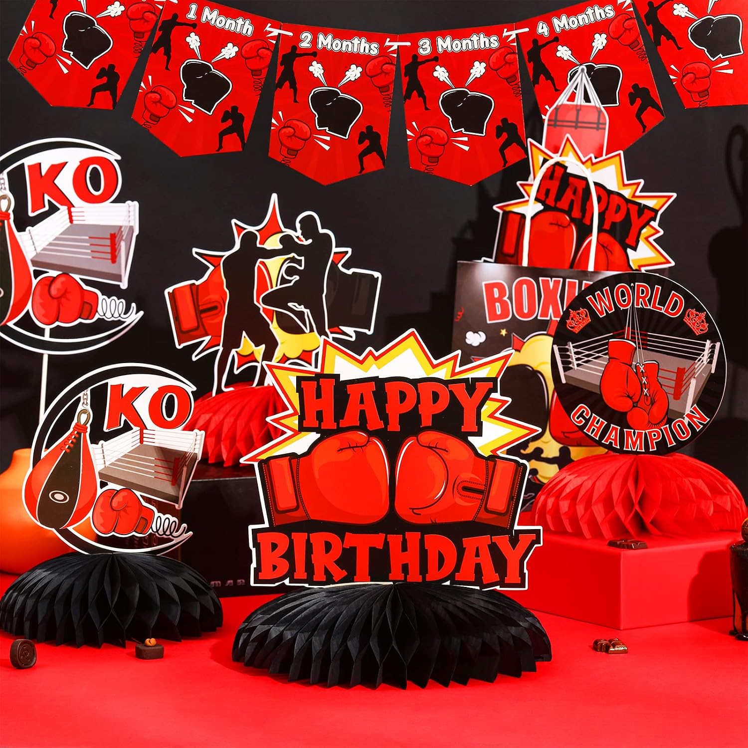 8 Pieces Boxing Birthday Honeycomb Centerpieces - Boxing Match Birthday Party Decorations Red Black Gold, Boxer Gloves Platform Table Decor for Wrestle Fitness Fight Sports Party