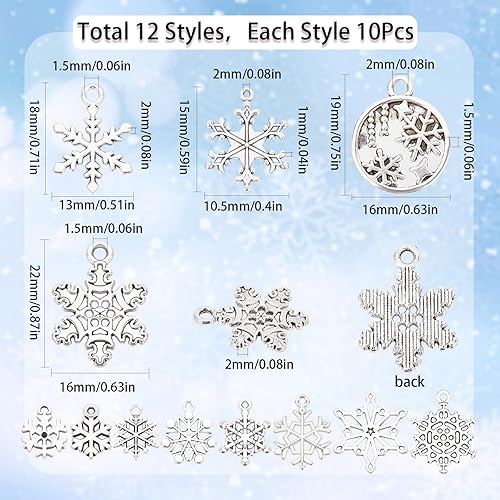 Miniatura 7 de SUNNYCLUE 1 caja de 20 dijes de copo de nieve para invierno, acero inoxidable, doble cara, estrella hueca, planos, redondos, colgantes de Navidad