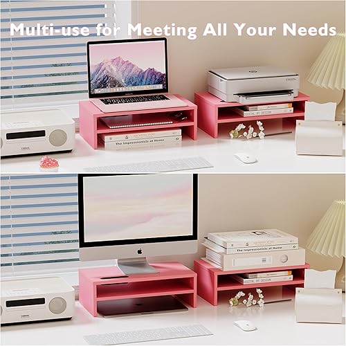 Miniatura 7 de BONTEC Soporte elevador de madera para monitor, estante de escritorio de 2 niveles con organizador de almacenamiento, soporte ergonómico para