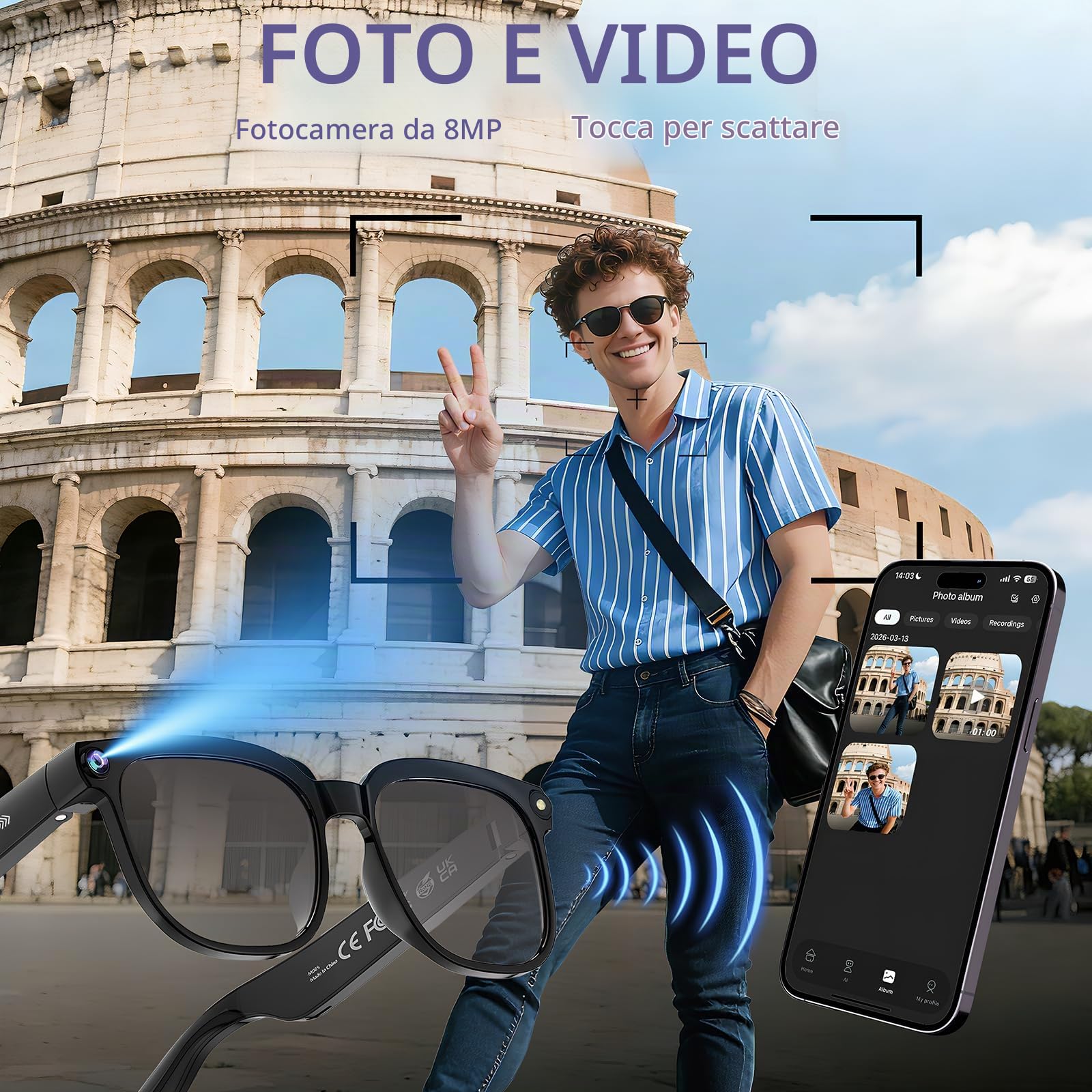 Occhiali con Telecamera HD 8MP, Video, Traduzione in Tempo Reale | Lenti Fotocromatiche, Assistente AI ChatGPT, Musica, Filtro Luce Blu, 110+ Languages, per Outdoor Ciclismo Viaggi