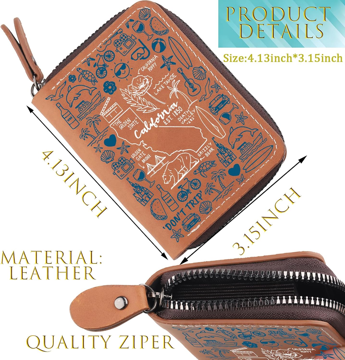 FEELMEM California State Travel Leather Card Holder Zipper Wallet California State Merchandise Beach Vacation Trip Gifts