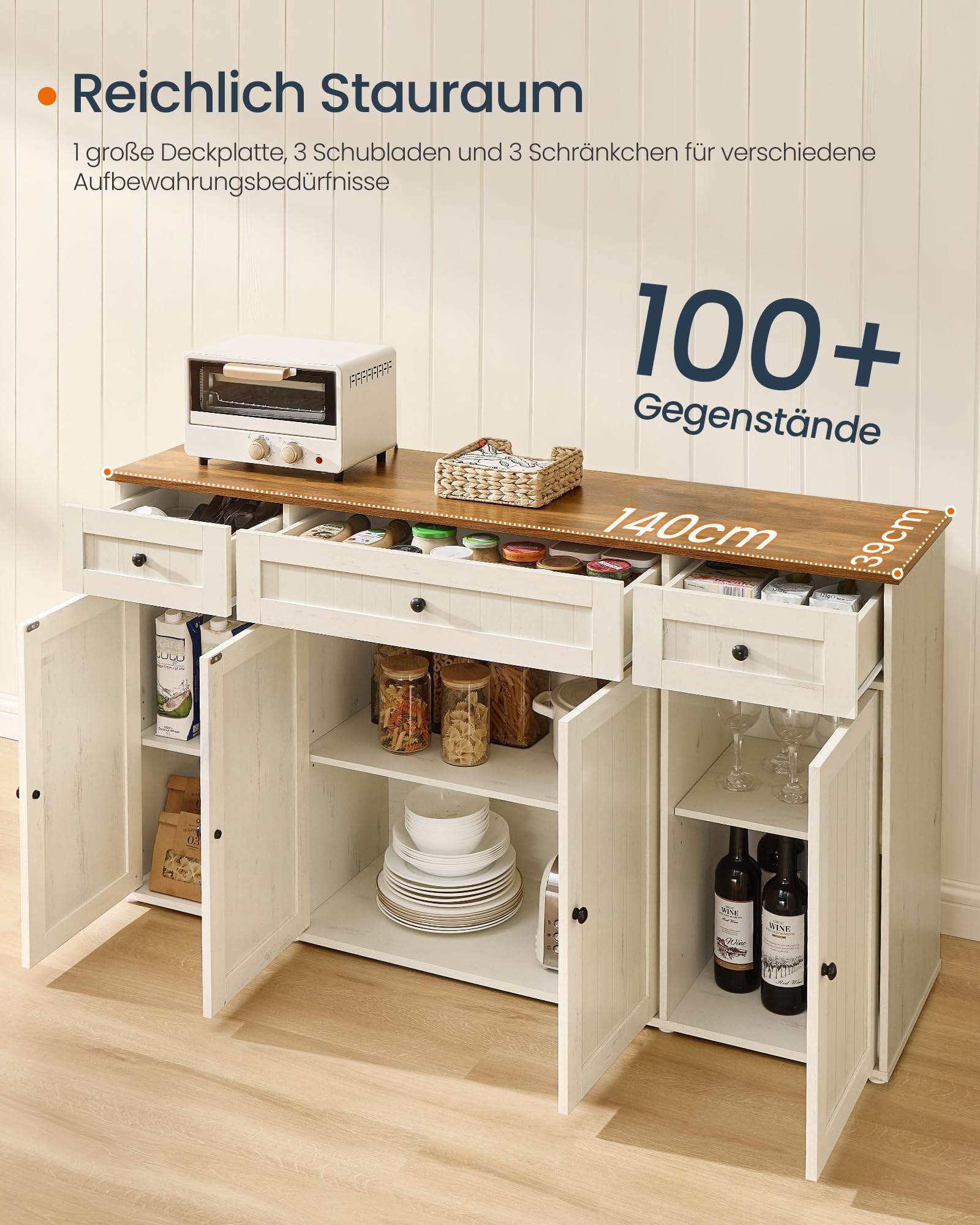 SONGMICS Home Sideboard, superschnelle werkzeuglose Montage, Toolless-Technologie, Küchenschrank mit Arbeitsplatte, Buffetschrank, verstellbare Ablagen, vintageweiß-honigbraun BBK376WJ02