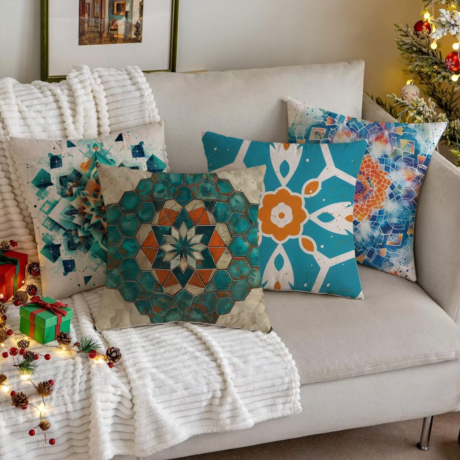 Arte Funda Cojin 65x65cm Juego de 4, Retro Fundas Cojines Exterior Impermeable Lino Cuadrado Decorativos Cushion Covers con Cremallera Invisible para Sofá Jardín Balcón Hogar Home Decor, Regalos 19-C